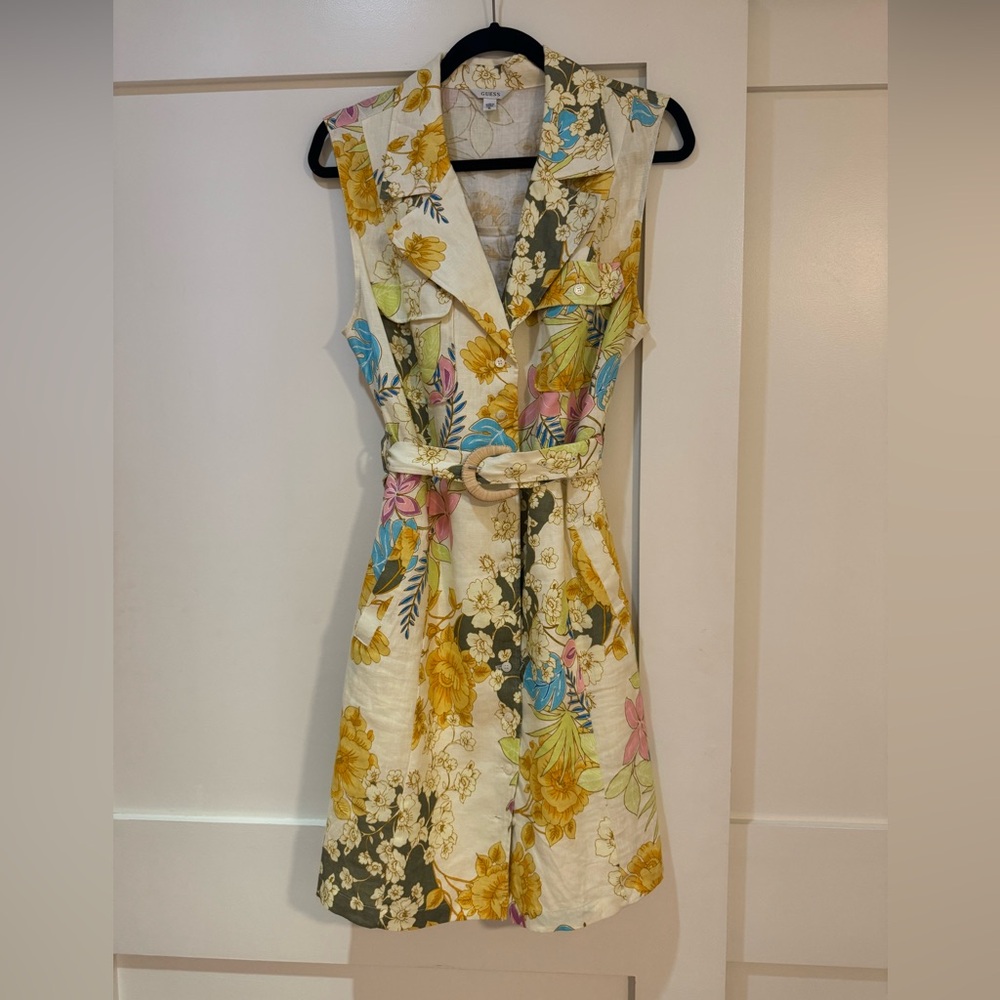 Guess Floral Collared Mini Dress - Cream Yellow Blue Pink